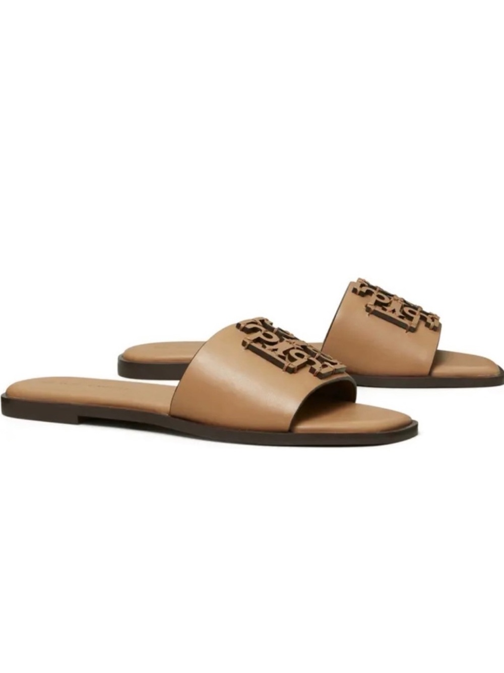 Tory Burch Tan Leather Slide Sandals with Logo Cutout